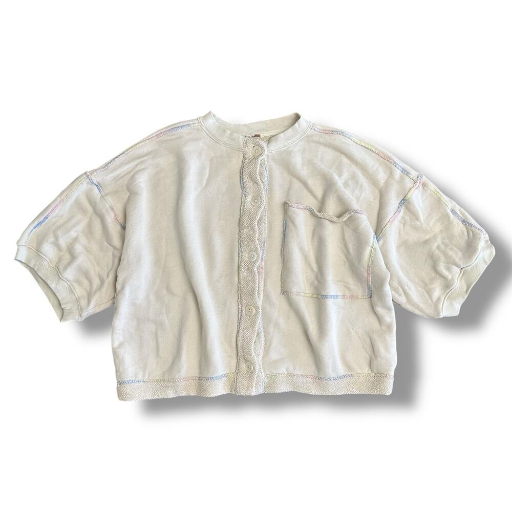 Free People Cream Cropped Boxy Cardigan L Rainbow Stitch Oversized Top